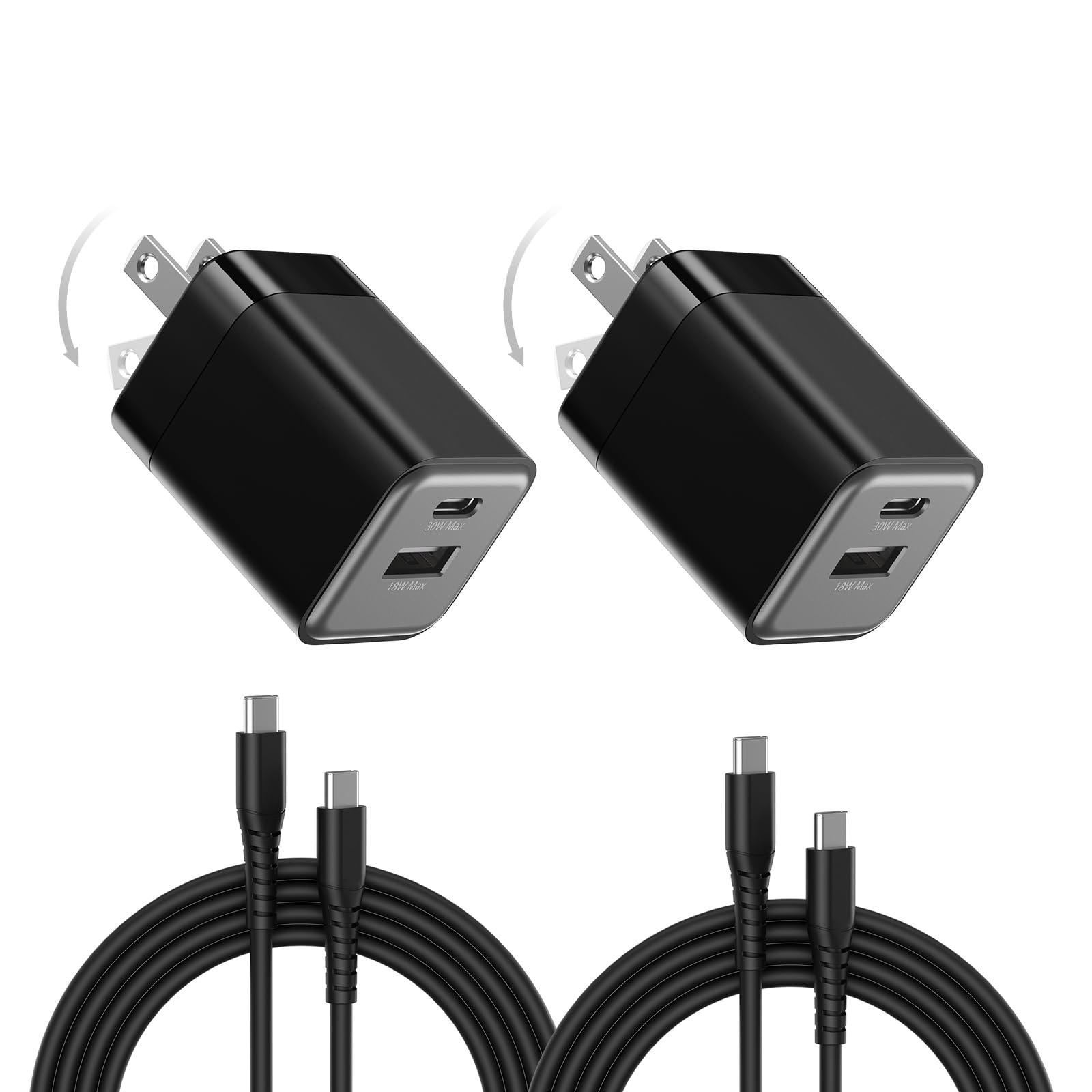 wegear 30W USB C Fast Charger, Dual Port USB C Wall Charger with Foldable Plug for iPhone 16/15/14, Samsung S24, iPad, 40% Smaller & Safer Nano Charger Block, (Black with Cables, 2 Pack)