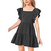 Imily Bela Girls Square Neck Summer Dress Ruffle Sleeve A-line Swing Casual Party Mini Dresses 5-14 Years