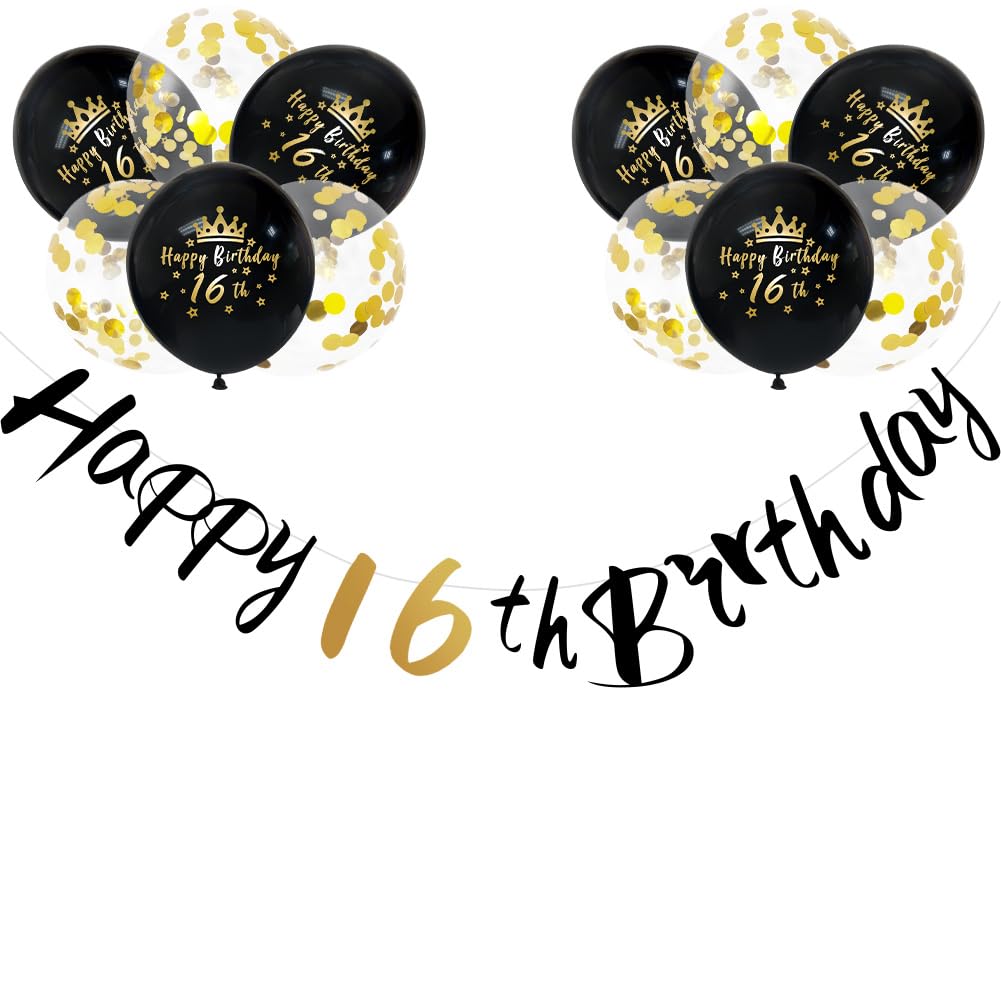 Girls Boys Happy 16th Birthday Banners Black Men Women 16th Birthday Banner Bunting Black Gold Including 12 Pack 12” Latex Printed Balloons Women Men 16 Decorations Supplies