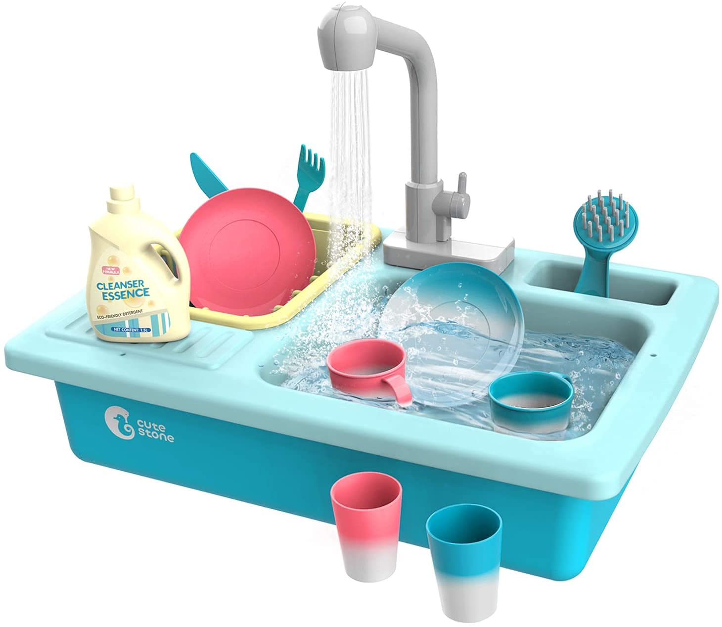 cute stone Kitchen Sink Toys, Heat Sensitive Electric Dishwasher Playing Toy with Warm Running Water, Automatic Water Cycle System Play House Pretend Role Play Toys for Girls Boys