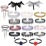 Tpocean 18Pcs Gothic Tatto Red Flower Black Velvet Colorful Lace Long Choker Necklaces Gold Choker Set for Women Girls