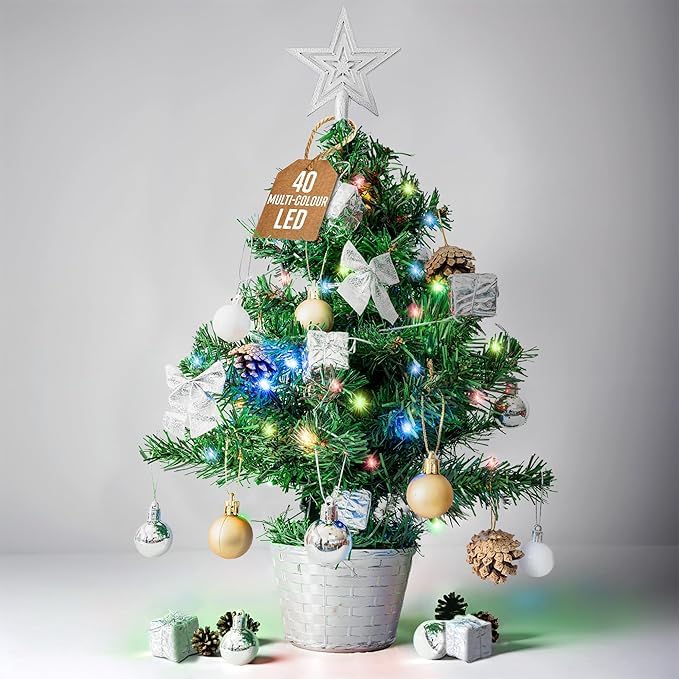 GloBrite Pre-Lit Mini Christmas Tree - 45cm Small Tabletop Tree w/ 40 LED Lights - Battery Powered, Fully Decorated - Perfect for Desk, Bedroom, Table