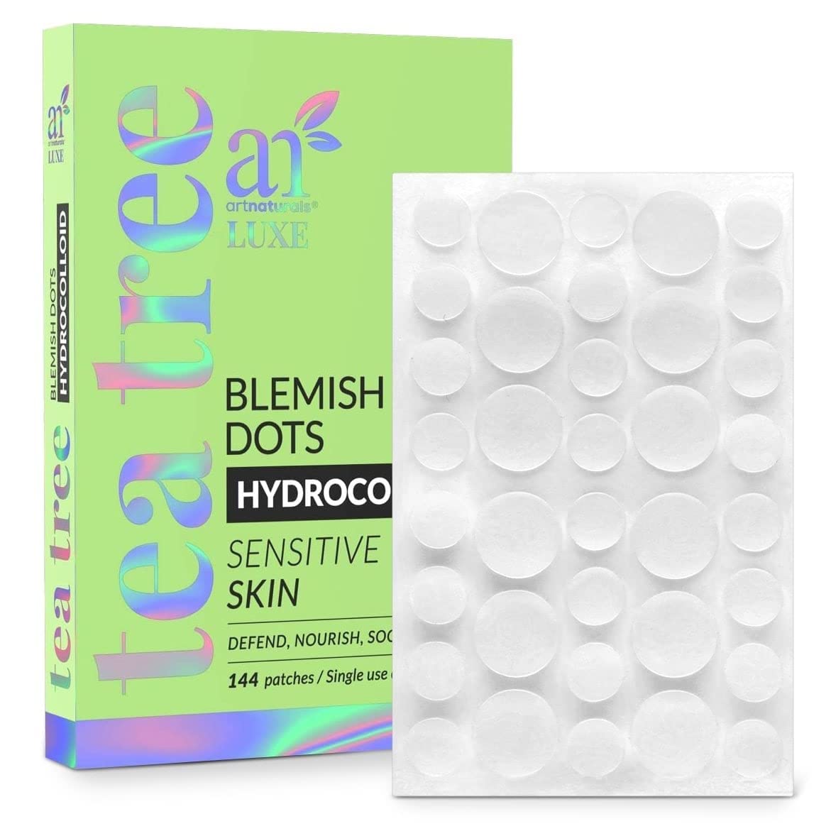 Artnaturals Acne Pimple Patches (144 Pack) Hydrocolloid Acne Patches with Tea Tree Treatment for Zits and Breakouts, Spots and Dots Stickers for Face and Skin