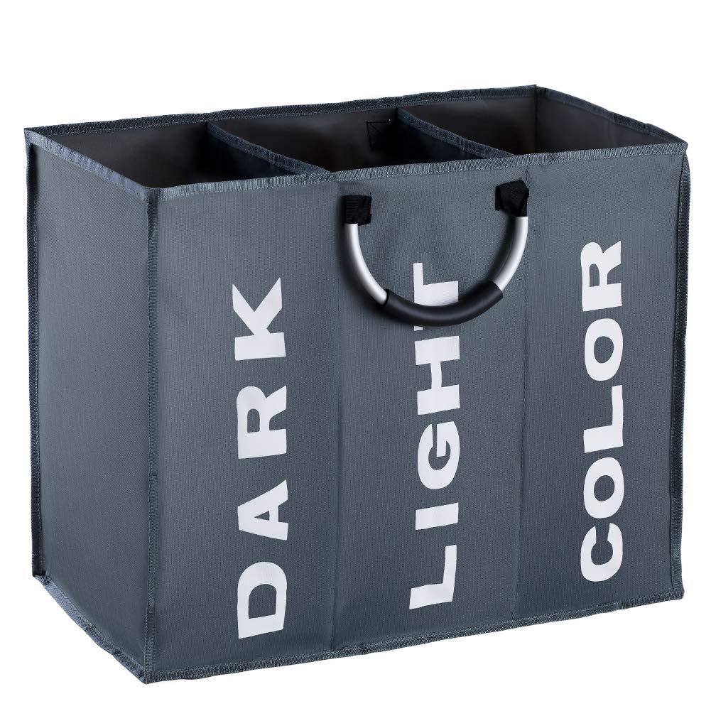 IHOMAGIC 3 Sections Large Laundry Hamper, Collapsible Laundry Bag, Foldable Laundry Basket, Portable Storage Bag Bin with Carry Handles, Dirty Clothes Bag for Bathroom, Bedroom， 90L, Dark Grey