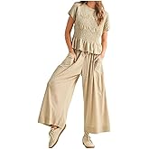 Flowy Sets Women 2 Piece Outfits–Boho Two Piece Lounge Sets for Women Summer Pants Set with Smocked Ruffle Top Wide Leg Pants