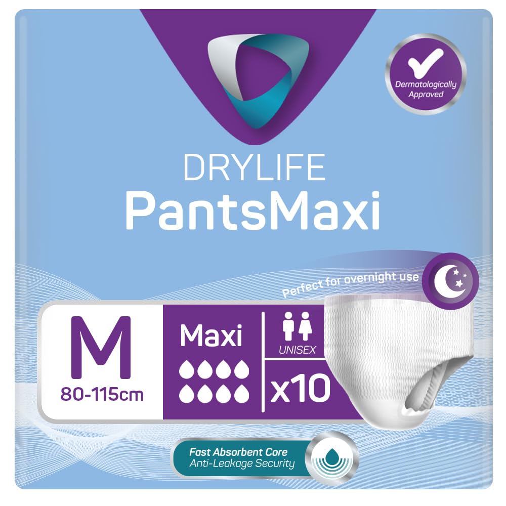 Drylife Pants Maxi Disposable Pull-Up Unisex Incontinence Pants | Dry Feel Technology, Anti-Leak Security, Kind to Skin Soft Breathable Material - Medium (1 Pack of 10)