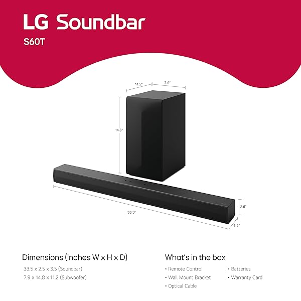 LG S60T 3.1 CH. SOUNDBAR WITH WIRELESS SUBWOOFER, DOLBY AUDIO, TV SYNERGY, WOW INTERFACE, AI SOUND PRO