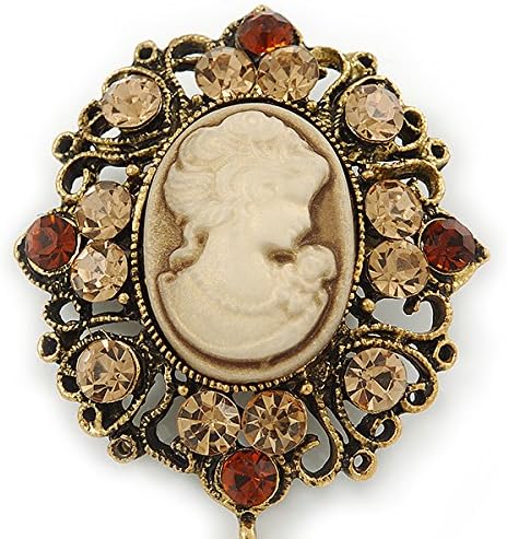 Vintage Inspired Amber/Champagne Crystal Cameo with Charm Brooch In Bronze Tone - 65mm L, brown, copper, bronze - Image 4