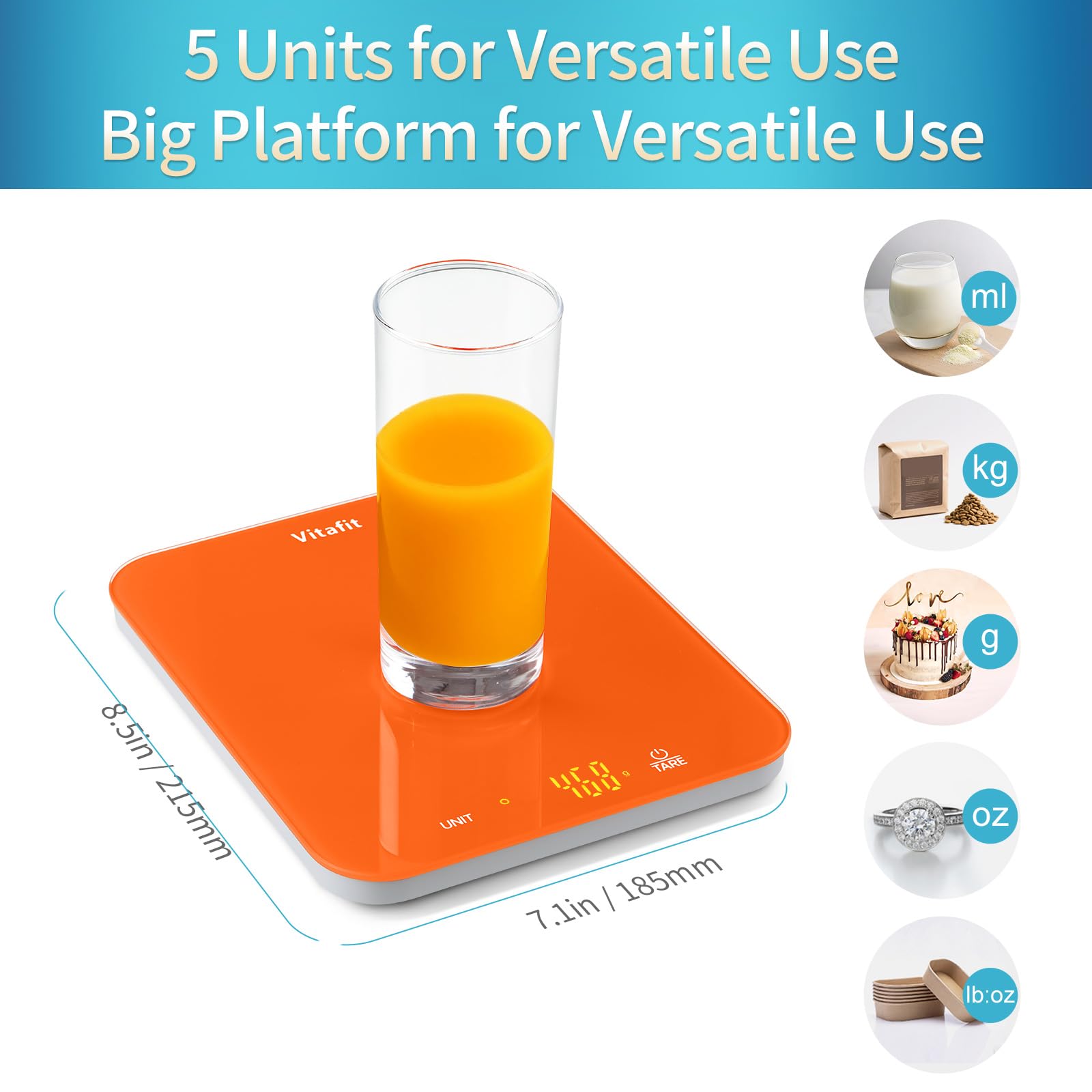 Vitafit 33lb/15kg Digital Food Scale in High Precision 0.1oz/1g, Our Own Kitchen Scale Professional Factory Since 2001, Kitchen Essentials for Cooking & Baking, LED, 3*AAA Battery, Refreshing Orange