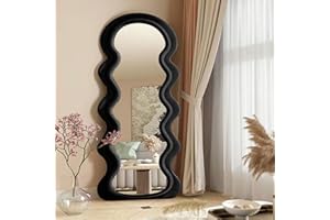 Otlsh Wavy Floor Mirror, 63" x 24" Full Length Mirror with Stand, Irregular Wavy Mirror, Wave Pattern, Flannel, Standing Mirror, Large Wall Mirror, Freestanding Black