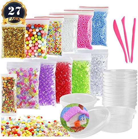 14 Pack Slime Making Kit Including Fishbowl Beads, Foam Balls, Slime Storage Containers, Confetti, Fruit Slices, Slime Tools for Slime Making Art DIY Craft