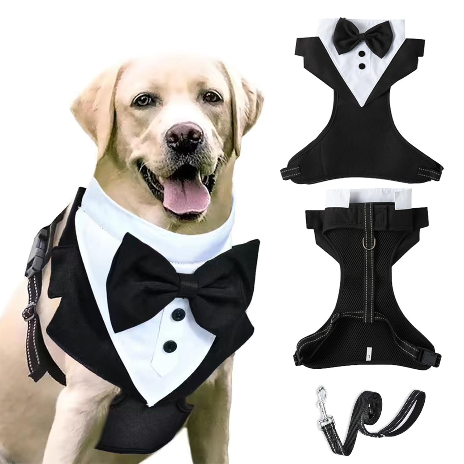 Dog Tuxedo Harness with Leash Set,Pet Wedding Chest Strap Formal Vest with Bow,Adjustable Pet Tailcoat Vest Harness for Puppy Small Medium Dog_XL(Black)