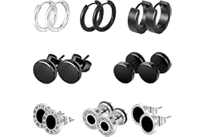 ELIUNG Black Stainless Steel Stud Earrings for Men Women Small Huggie Hoop Earrings Set for Men Cool Goth Punk Earrings Barbell Earrings Black Silver Hoop Cartilage Earring (Classic) (Black Tone)