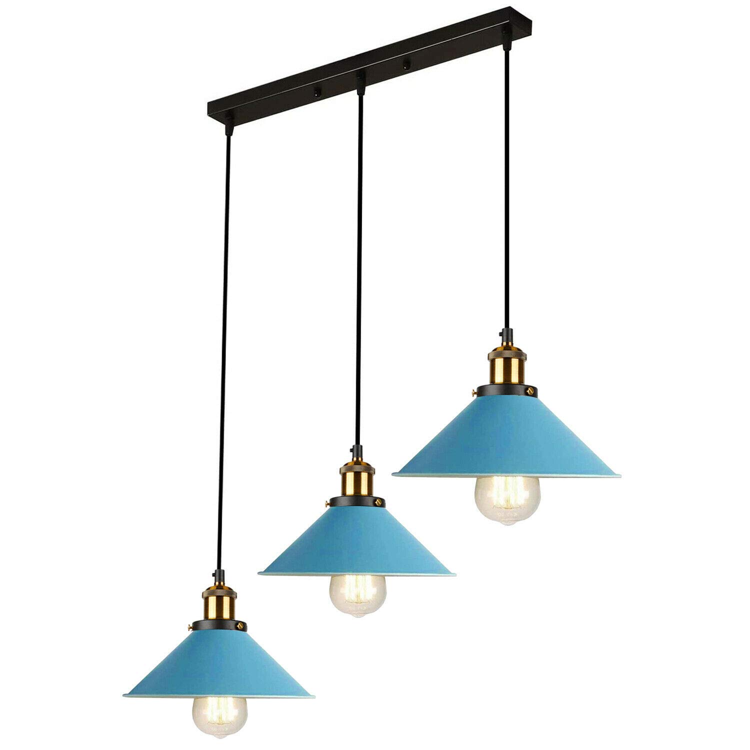 Industrial Vintage Loft Kitchen Bar 3 Lights Fittings Ceiling Lights Chandelier Cone Metal Light Shade Hanging Pendant Light Lamp Fixture for Living Room Dining Room Bedroom (Blue)