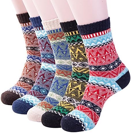 YOMORES 5 Pairs Men's Warm Socks Box Packing Gift Socks Cotton Knitting Crew Winter Wool Socks (C1)