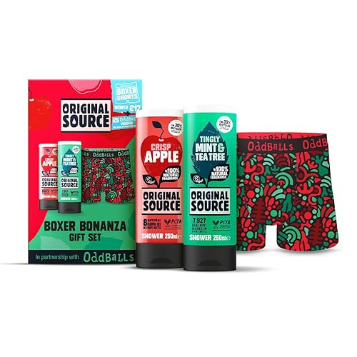 Original Source x Oddballs Boxer Bonanza Gift Set with Crisp Apple and Mint & Tea Tree Shower Gel and Boxers, Gifts for Men, Birthday Gift, 100 Percent Natural Fragrance, Vegan, Cruelty Free