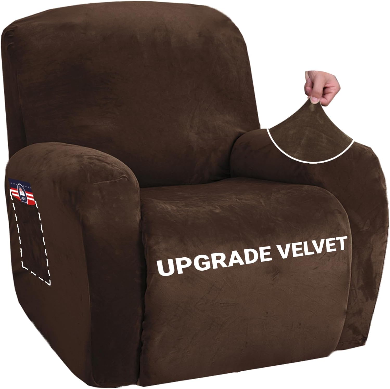 Slipcovers - ZNSAYOTX Stretch Velvet Recliner Covers 4-Pieces, Thicker Soft Plush Recliner Chair Slipcover with Side Pockets, Washable Luxury Dog Cat Pets Proof Reclining Protector (Recliner, Dark Coffee)