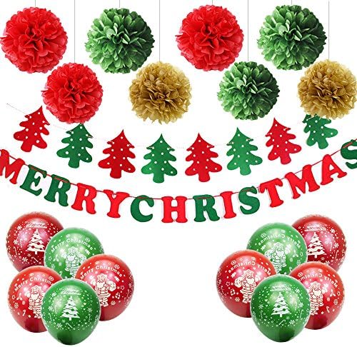SERONLINE 30pcs Merry Christmas Banner, Tissue Paper Pom Poms and Green Red Balloons Set for Christmas Party Decorations