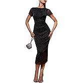 SHENHE Women's Sparkly Dress Mesh Short Sleeve Ruched Bodycon Glitter Party Evening Midi Dress