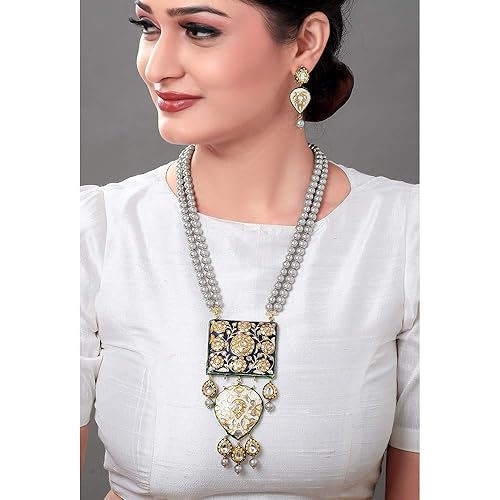 Luxe Golden Earring and Necklace Sets with Enamelled Pendant, Kundan Drops and Grey Pearls for Women