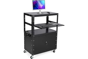 Ixidelu Adjustable Height Mobile AV Utility Cart – Locking Cabinet, Pullout Keyboard Tray, Power Outlet, Sturdy Steel Shelves