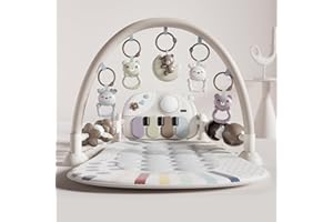 Jovow Baby Gym with Kick and Play Piano, Baby Play Mat Tummy Time Activity Gym Mat with 5 Infant Sensory, Music & Lights Boy or Girl for Newborn 0 to 3 6 9 12 Months