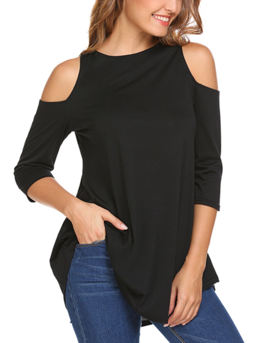 Aceshin Womens Sexy Jersey 3/4 Sleeve Cold Shoulder Blouse Top Black