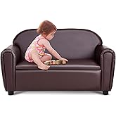 Costzon Kids Couch, 2 in 1 Double Seat Children's Sofa w/Under Seat Storage Box, PU Leather Surface, Toddler Armrest Chair fo