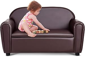 Costzon Kids Couch, 2 in 1 Double Seat Children's Sofa w/Under Seat Storage Box, PU Leather Surface, Toddler Armrest Chair fo