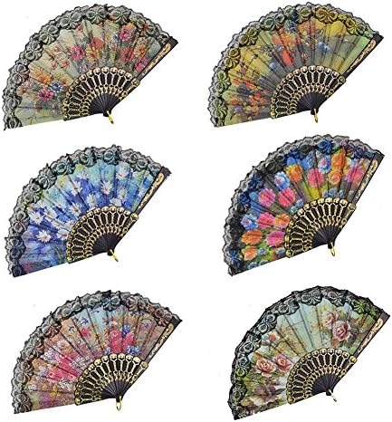AM Tsing Spanish Floral Summer Folding Hand Fan Size 9" Pack of 6 Pieces