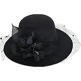 Luxury Wool Fedora with Dramatic Veil & Silk Bloom, Vintage Wide Brim Felt Bowler Hat for Wedding Evening Party