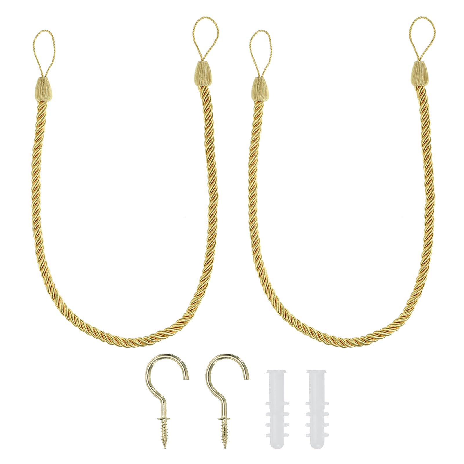 PATIKIL Curtain Tiebacks Ropes, 2 Pack Decorative Tie Backs Braided Curtain Holdback Cord for Home Office Decor, with Screw Hooks & Bolts, Gold Yellow
