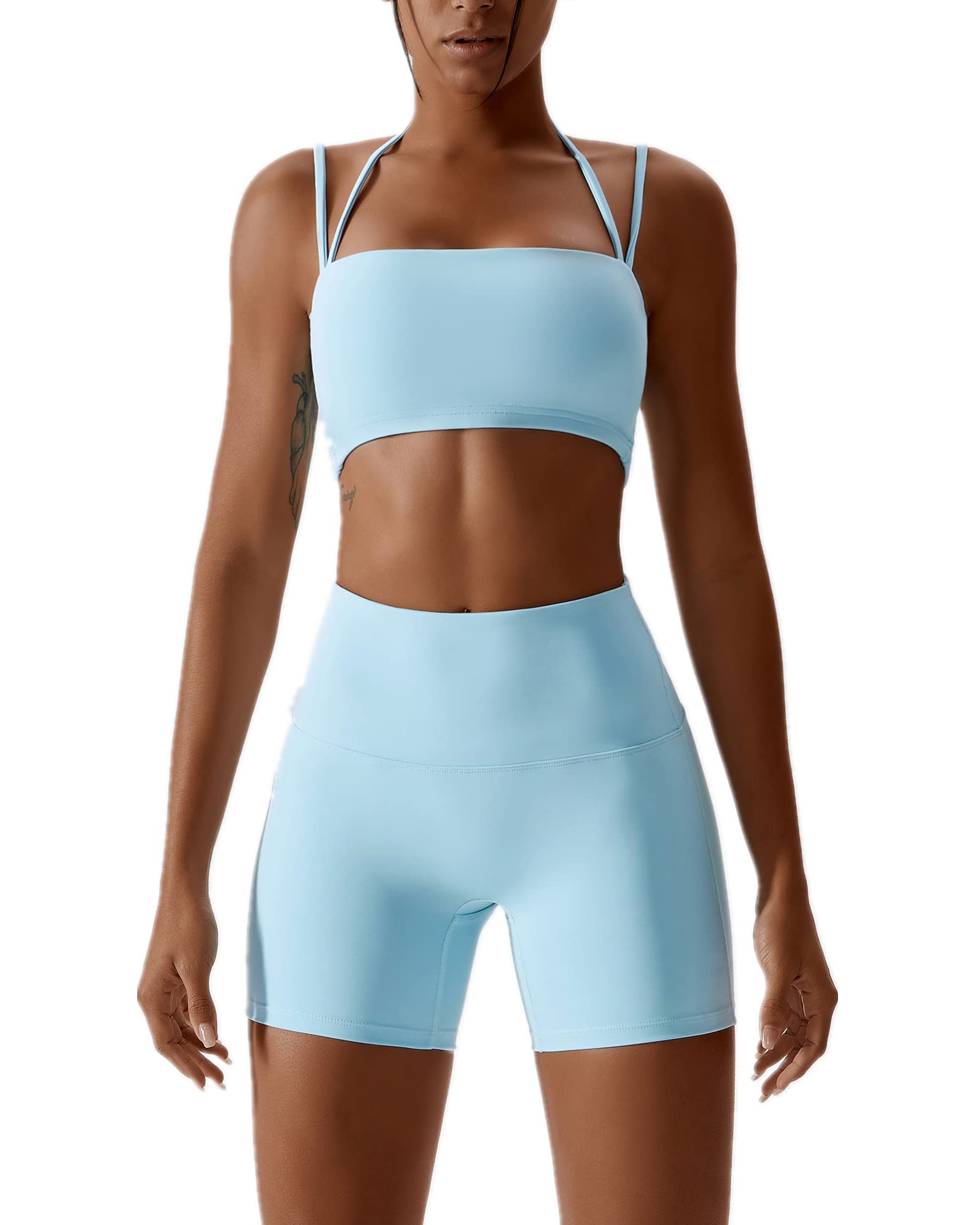 Photo 1 of ABOCIW Workout Sets for Women Halter Bandeau Sport Bra Crop Tops High Waist Booty Shorts 2 Piece Gym Set Fitness Yoga Outfits Z-Light Blue Small
