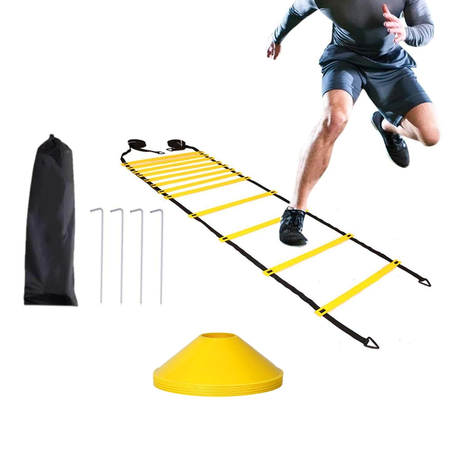 JZK 6M speed ladder agility ladder and cones and pegs set, adjustable sports ladder for agility drills, exercise and fitness for kids and adults, football training ladder