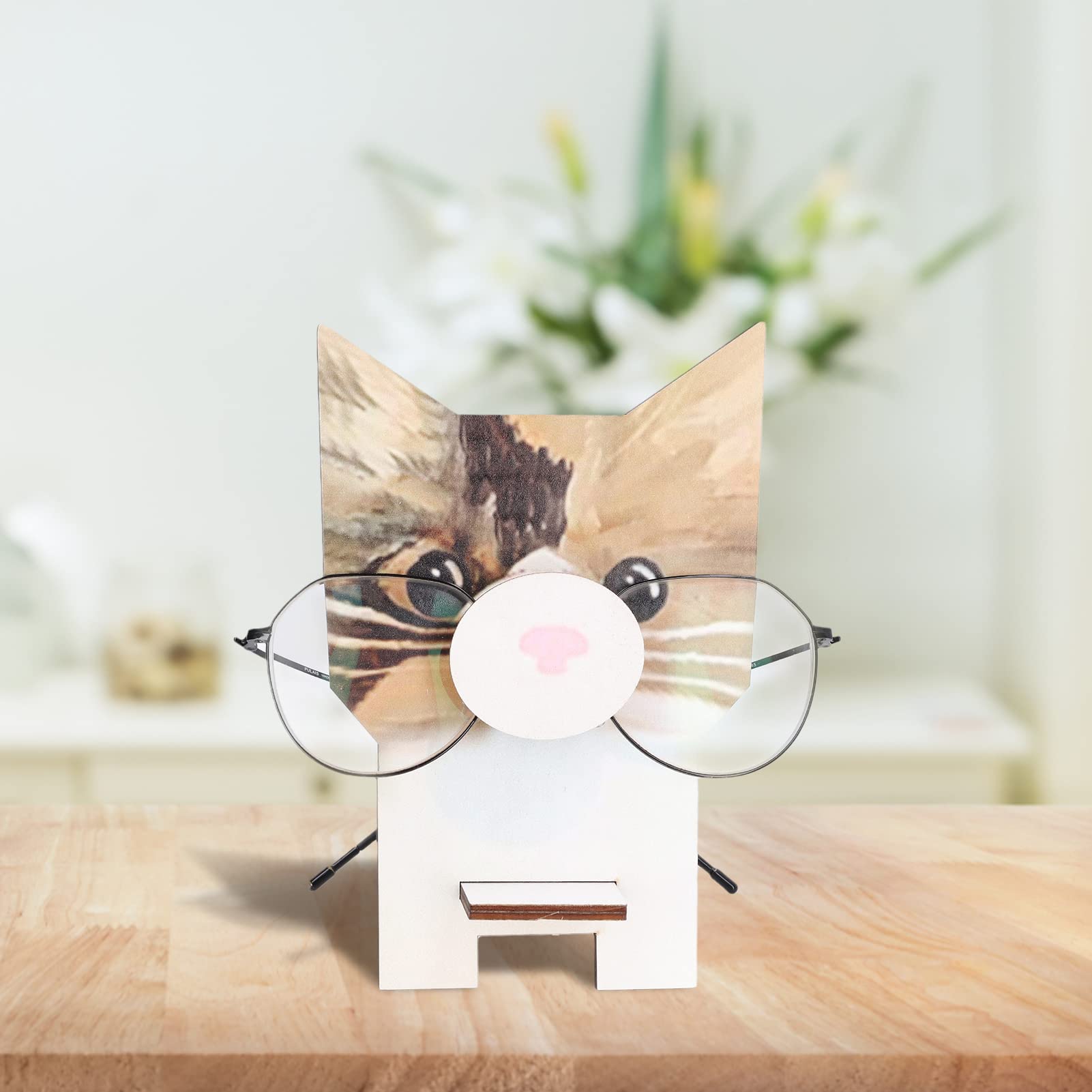 Pilipane Wood Glasses Holder,Eyeglass Spectacle Holder, Animal Shape Glasses Holder Unique Beautiful Design Natural Odorless Composite Display Stand for Glasses,Home Office Desk Decor Gift (CAT)