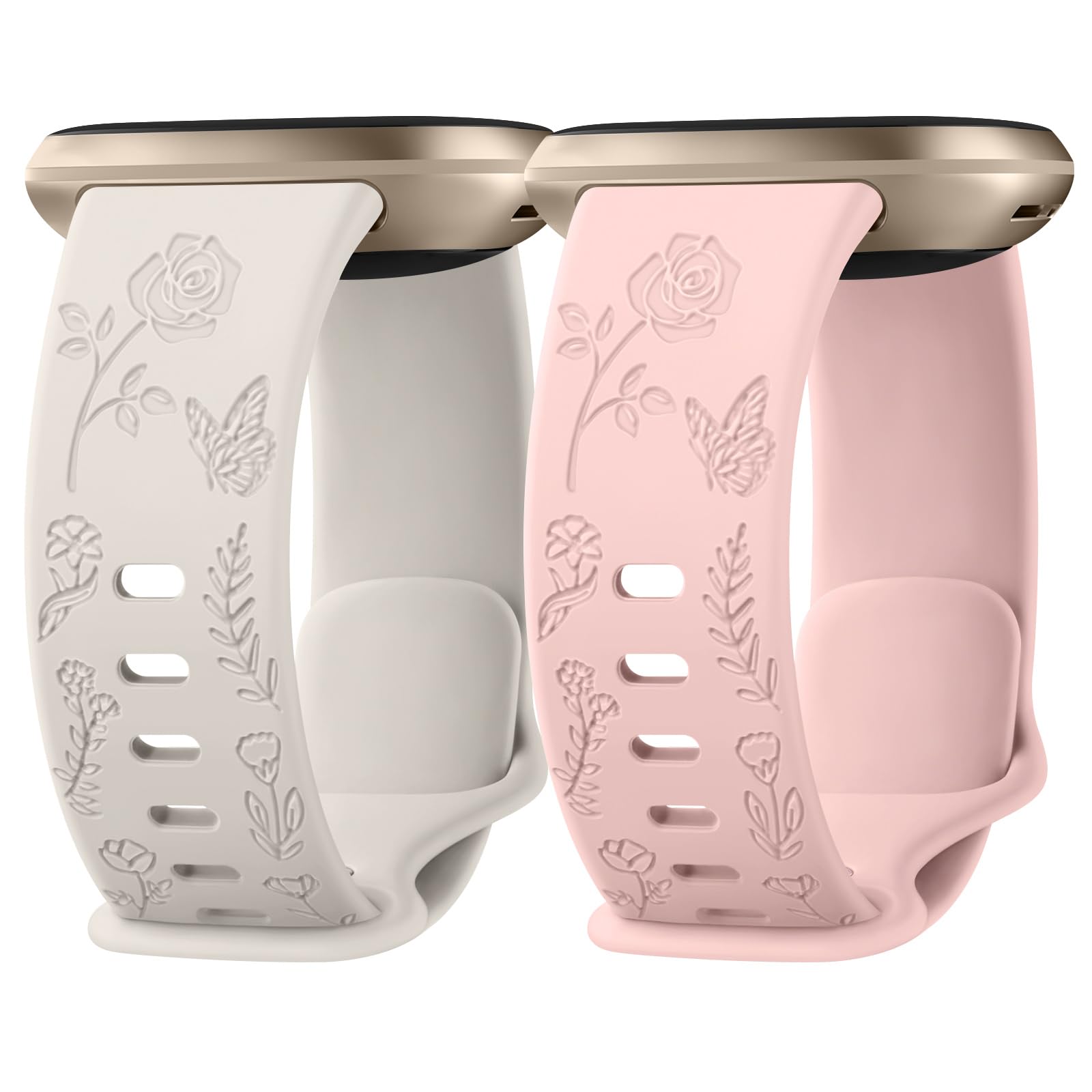 Mugust Rose Butterfly Engraved Compatible with Fitbit Versa 4/3/Sense 2 Soft Floral Replacement Watch Strap, Silicone, Starlight, 2 cm, One Size