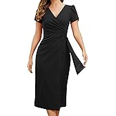 ODIZLI Women's Casual Semi Formal Summer Petal Sleeve V Neck Ruched Bodycon Midi Dress Party Dress