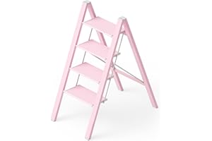 PLEDDANIO Step Ladder 4 Step Folding Ladders for Adults,Lightweight Aluminum Stepladder,330lbs Capacity Library Kitchen Home Office Pink Step Stool