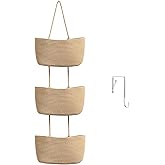 TeoKJ Over the Door Hanging Basket, 3-Tier Woven Cotton Wall-Mounted Storage Organizer Bag Decorative Hanging Nursery Baskets - Jute