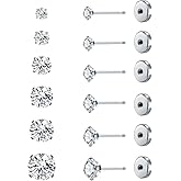 6 Pairs 14K Cubic Zirconia Stud Earrings for Women Men 20G Screw Flat Back Earrings 316L Stainless Steel Cartilage Earrings Hypoallergenic Men Earrings