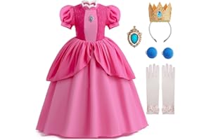 Xefenki Princess Peach Cosplay Costume for Girls Kids,Princess Peach Dress With Accessories Crown and Earrings