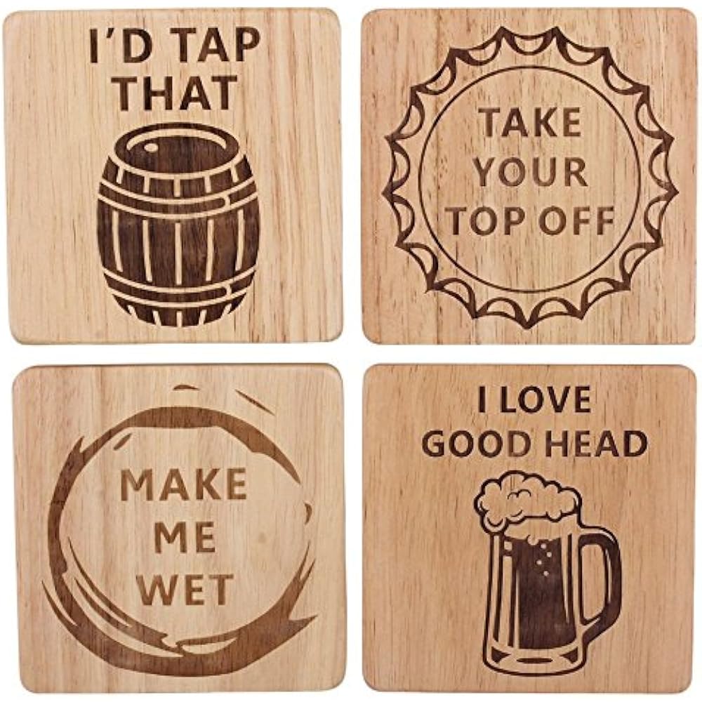 Funny Beer Coasters Set Of 4 Wood Square Drink, Home Bar, Brewery Gifts