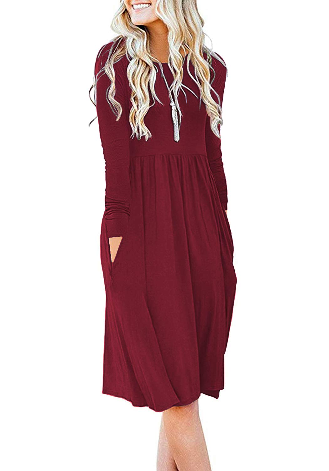 Women Casual Long Sleeve Dresses Empire Waist Knee Length Loose Dress with Pockets