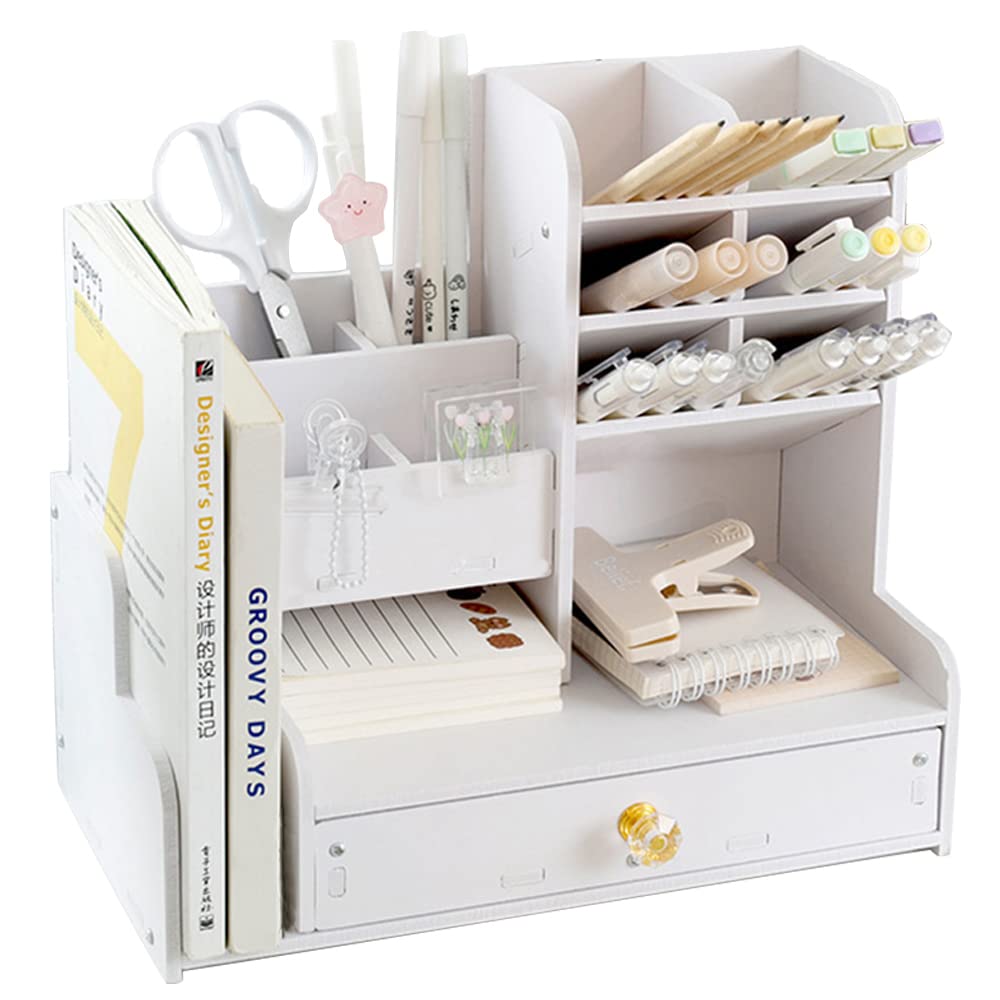 Axroad Mall Desktop Stationery Organiser with Drawer, DIY White Pencil Holder Pen Organiser Desk Tidy Caddy Art Supply Organizer