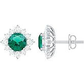 Certified 1 Carat Lab Grown Emerald Stud Earrings in Silver, Aaa Quality, Emerald Halo Earrings - Unique Gift For Women