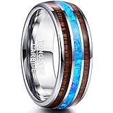 Vakki 6mm 8mm Hawaiian Koa Wood Tungsten Rings for Men Blue Created Opal Wedding Band Dome Style Comfort Fit Size 6-14