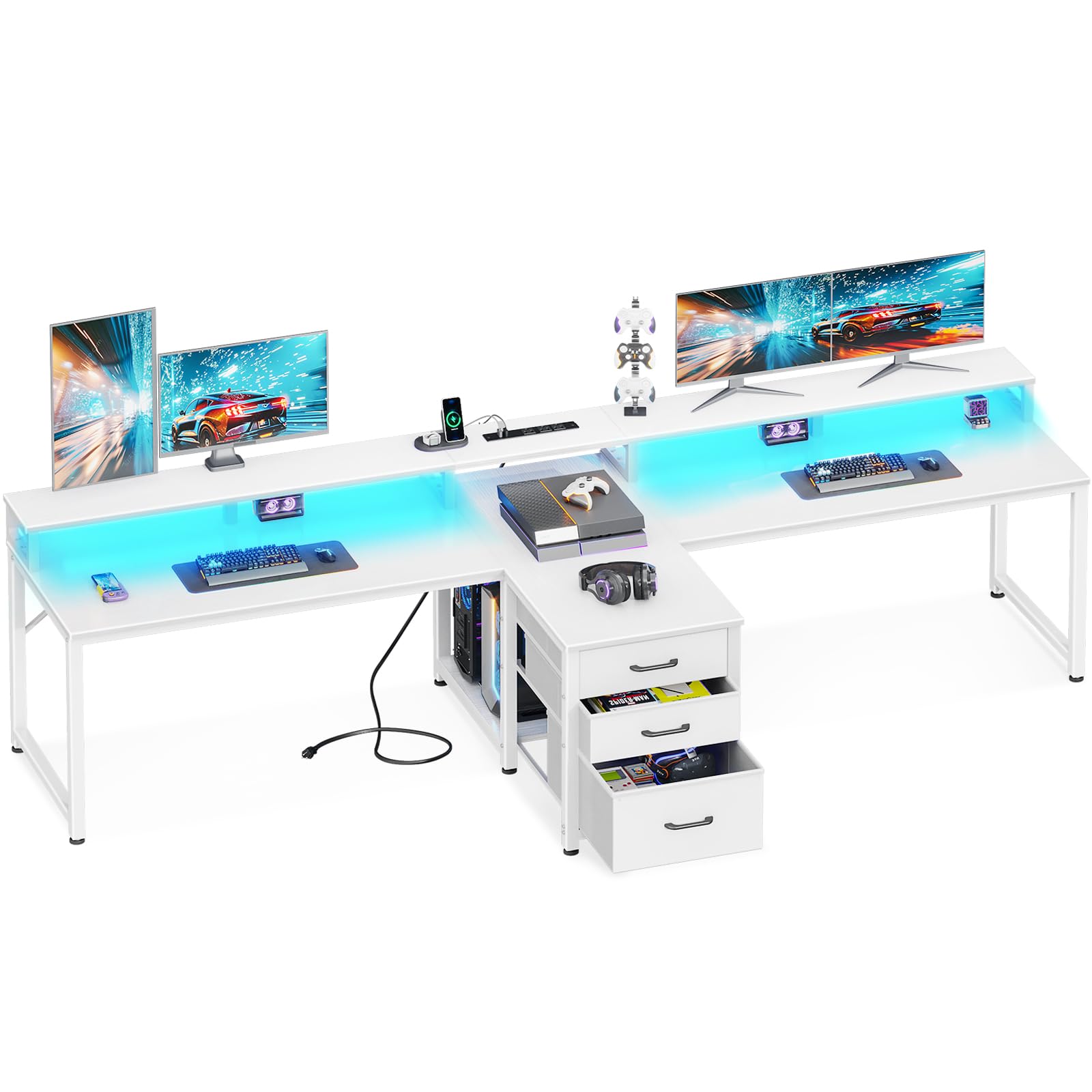 Photo 1 of Casaottima 94 Inch 2 Person Home Office Computer Desk with Power Outlet & LED Light, Fabric Drawers & File Cabinet, Long Writing Desk with Monitor Stand, Storage Shelves, Study/Work Table, White
