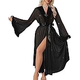 Clobeau Women's Sparkly Tulle Robe with Feather Trim Long Sleeve Belted Kimono Robe Sexy Sheer Mesh Fur Nightgown Bathrobe