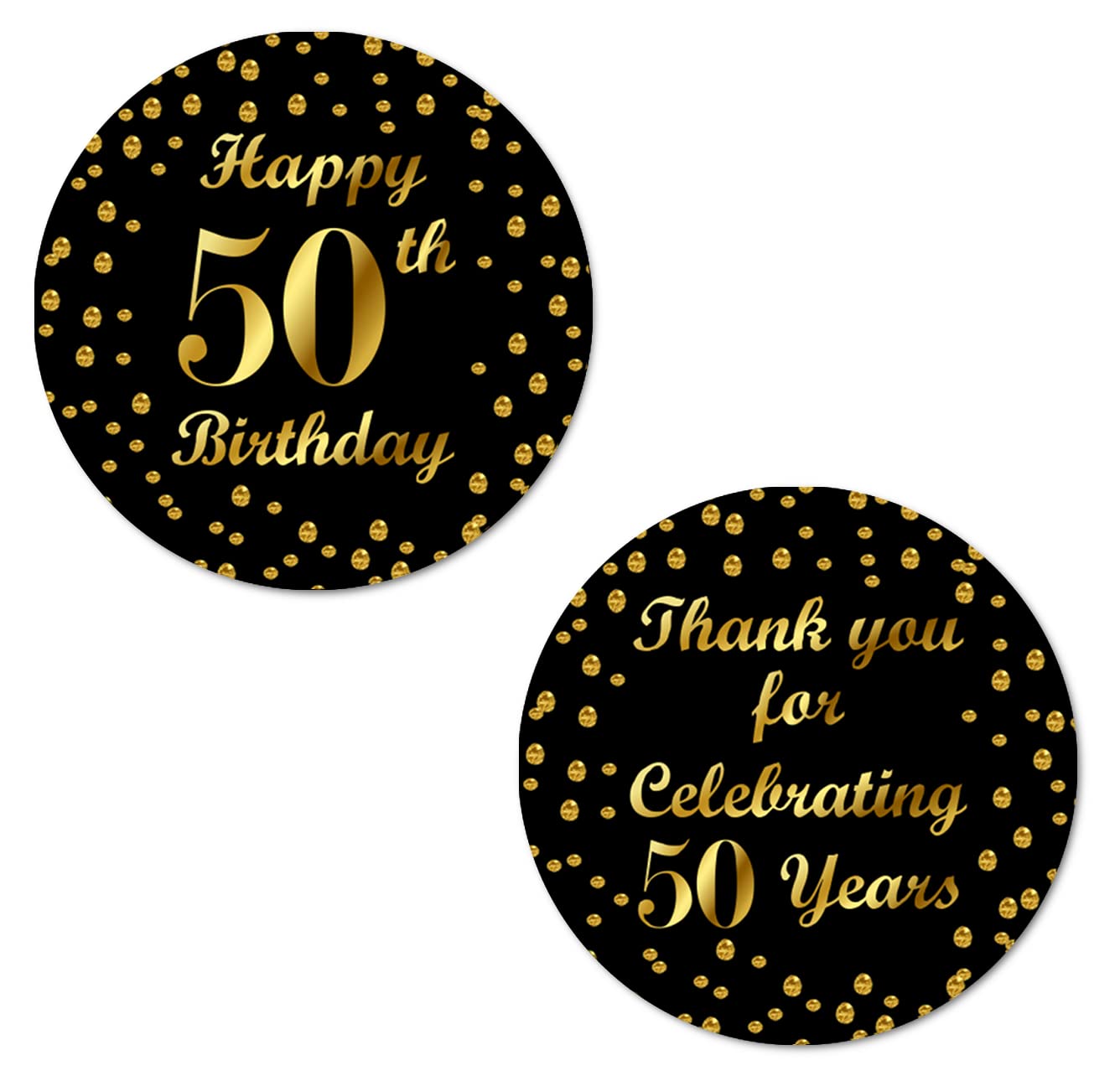 Photo 1 of 50th Birthday Round 2 Inch Big Glossy Stickers, Thank You for Celebrating 50 Years Black and Gold Labels, Great for Party Favors, Decorations, Tags, Gift Bags and Supplies. Made in USA