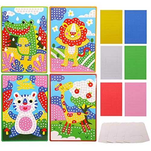 Lovyan Mosaic Stickers Art Kits for Kids 4 Pack DIY Handmade Art Crafts with Card Stands, 1080 Sticky Tiles (Zoo Animals)